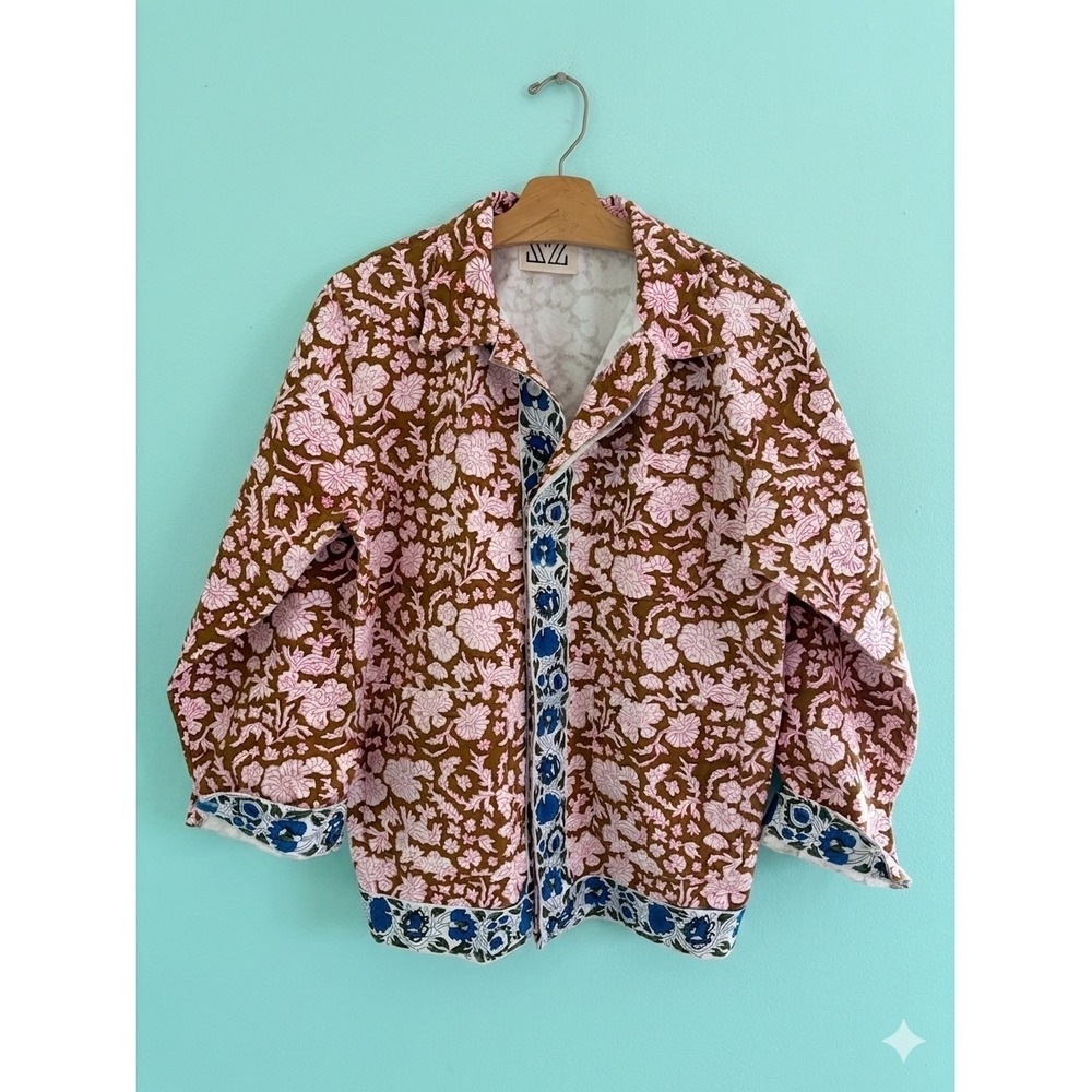 SZ Blockprints Boho Nila Pink Floral Cotton Canvas Jacket Indian Hand Block L